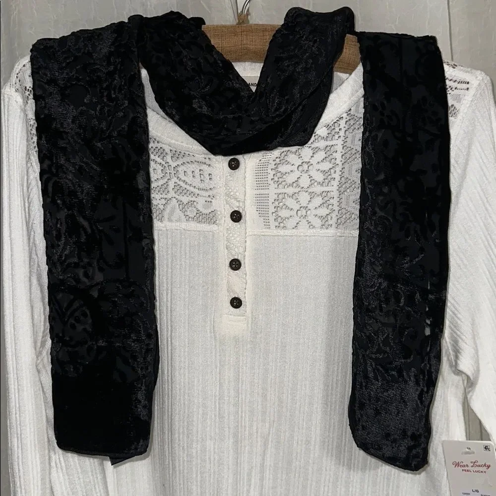 Vintage Korean Velour Black Floral Sheer Elegant Scarf